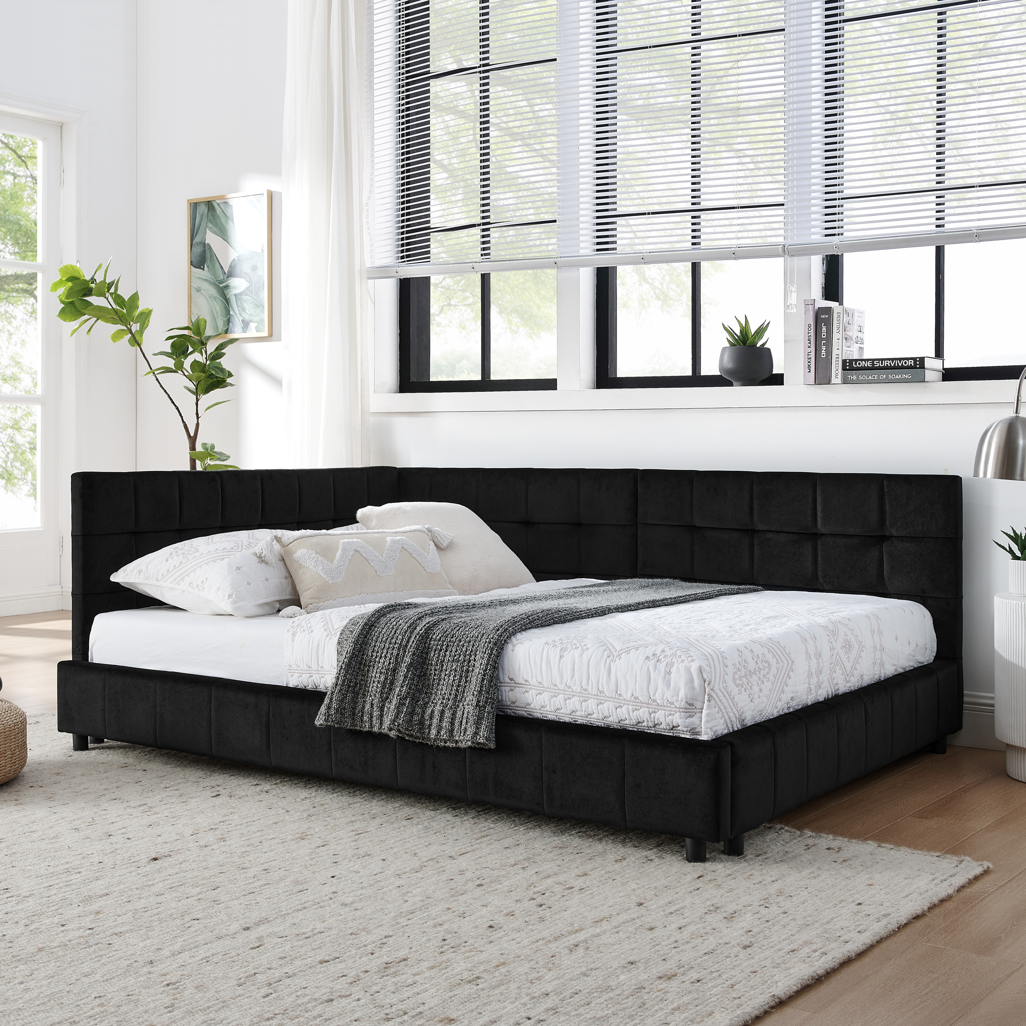 Full Size Upholstered Tufted Bed Frame, Sofa Bed Frame with Comfortable Backrest and Armrests, Full Size Bed for Bedroom, Living Room,Velvet, Black(80.5''*59''*30.5'') - Image 3