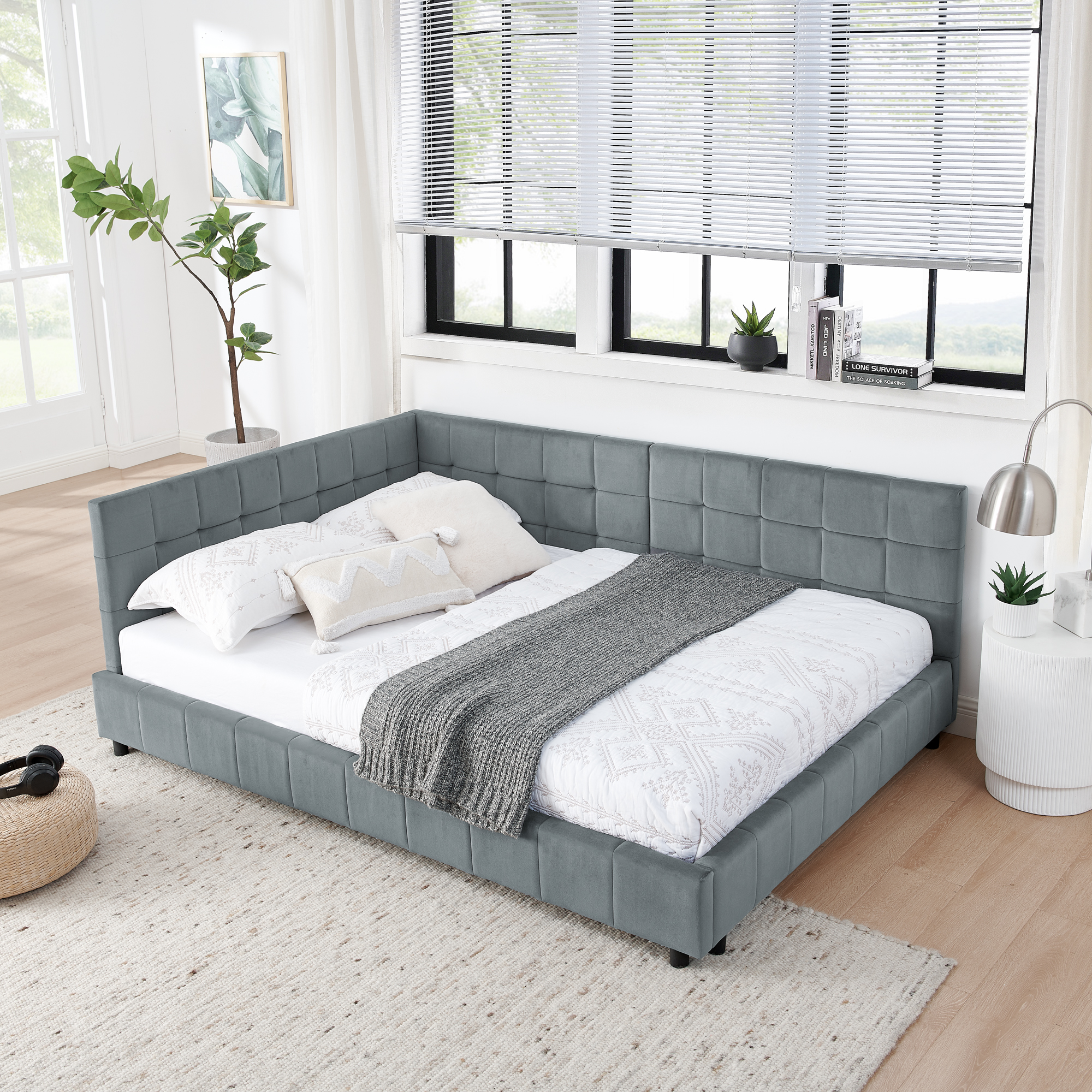 Full Size Upholstered Tufted Bed Frame, Sofa Bed Frame with Comfortable Backrest and Armrests, Full Size Bed for Bedroom, Living Room,Velvet, Grey(80.5”*59”*30.5”)