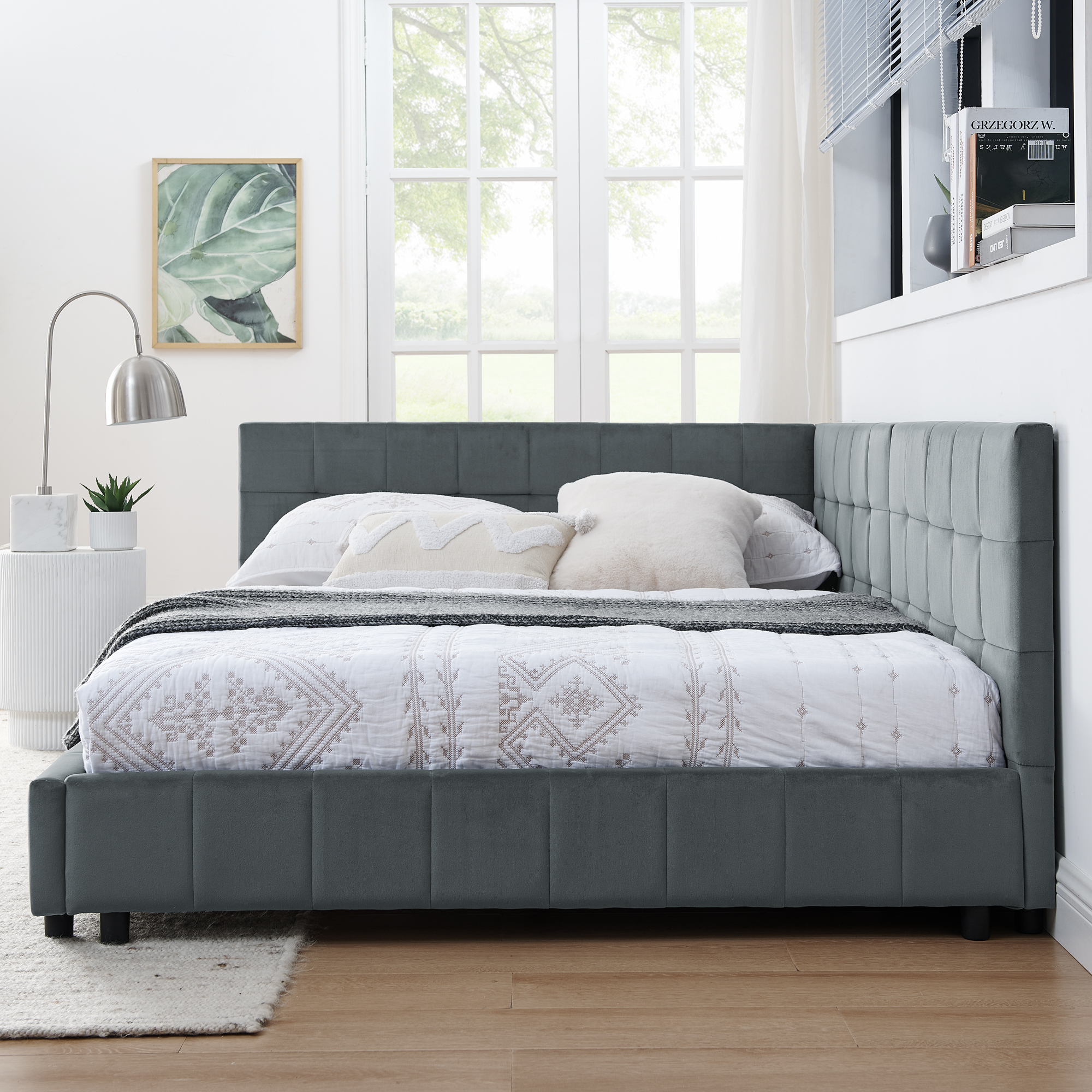 Full Size Upholstered Tufted Bed Frame, Sofa Bed Frame with Comfortable Backrest and Armrests, Full Size Bed for Bedroom, Living Room,Velvet, Grey(80.5''*59''*30.5'') - Image 2