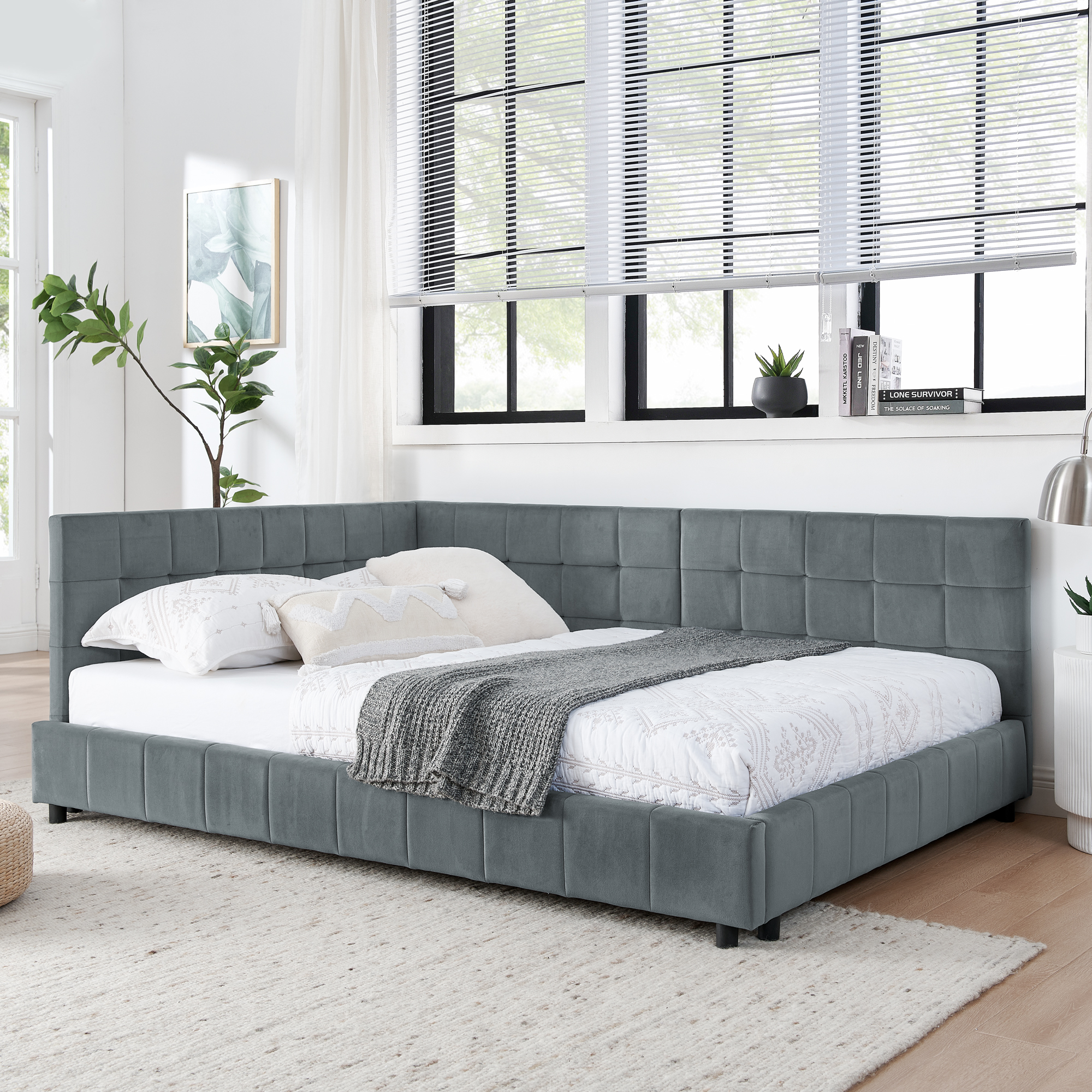 Full Size Upholstered Tufted Bed Frame, Sofa Bed Frame with Comfortable Backrest and Armrests, Full Size Bed for Bedroom, Living Room,Velvet, Grey(80.5''*59''*30.5'') - Image 3