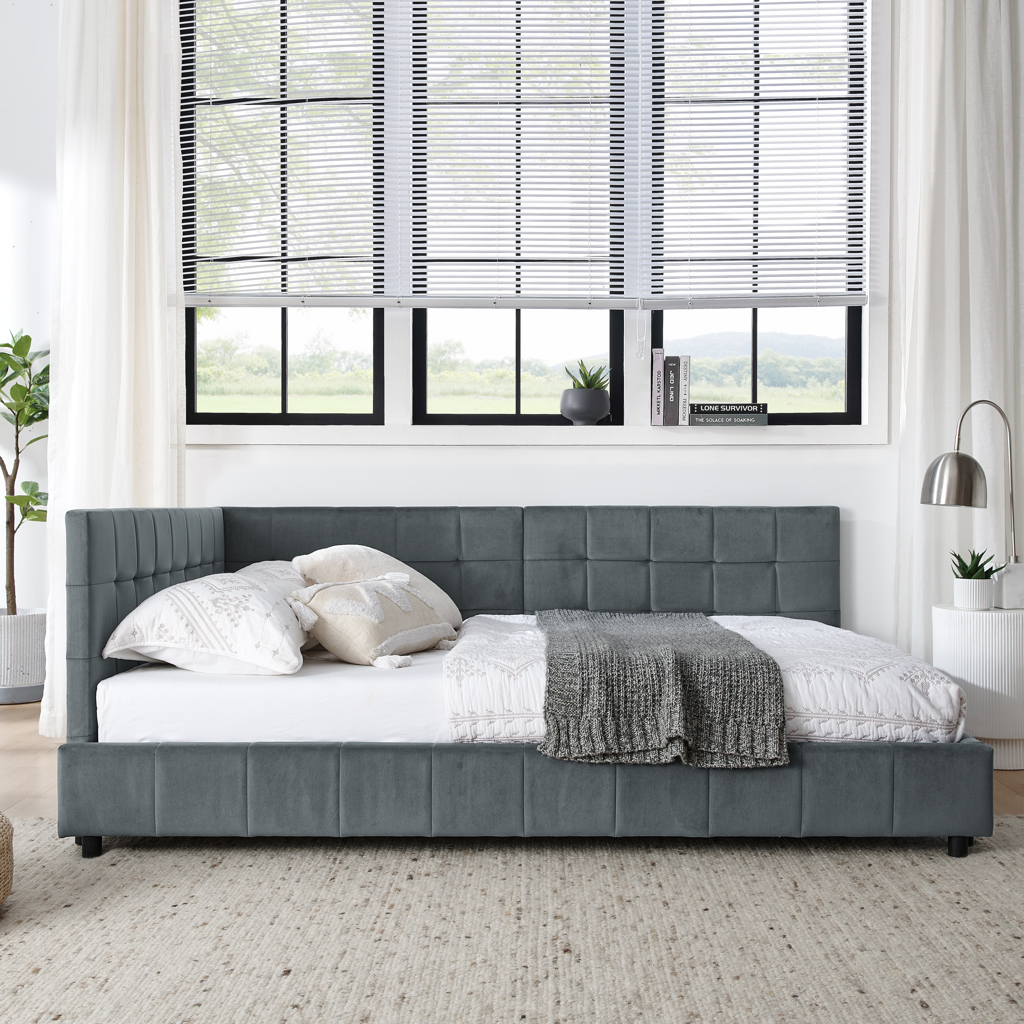 Full Size Upholstered Tufted Bed Frame, Sofa Bed Frame with Comfortable Backrest and Armrests, Full Size Bed for Bedroom, Living Room,Velvet, Grey(80.5''*59''*30.5'') - Image 4