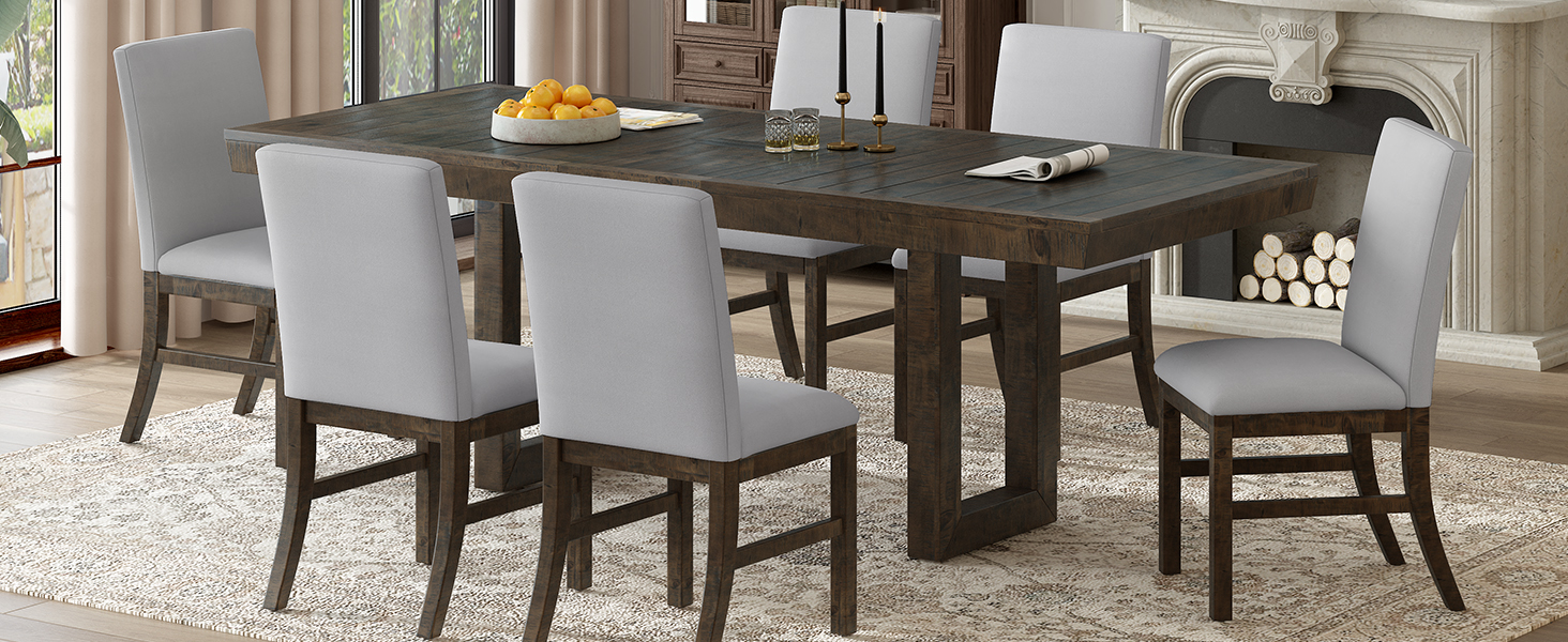 TOPMAX Traditional 7-Piece 72" Extendable Dining Table Set with 12inch Butterfly Leaf and 6 Upholstered Dining Table Set, Brown - Image 3