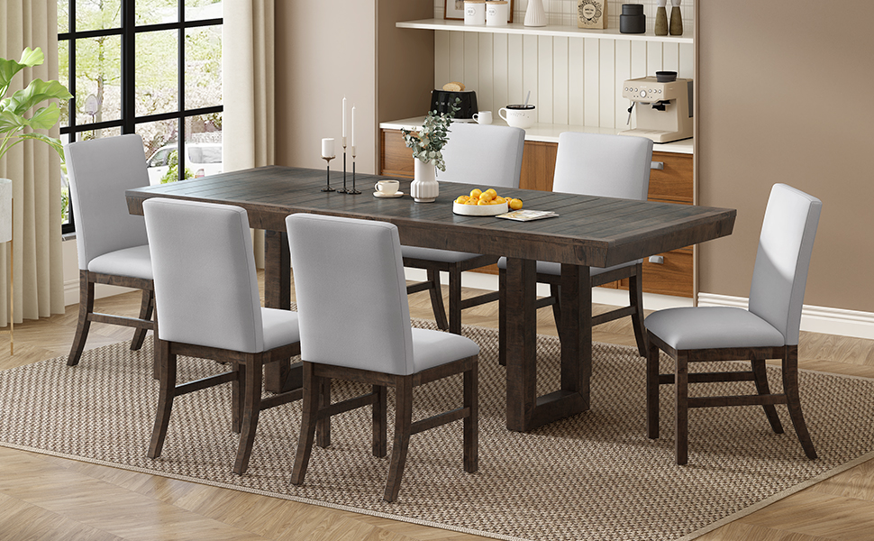 TOPMAX Traditional 7-Piece 72" Extendable Dining Table Set with 12inch Butterfly Leaf and 6 Upholstered Dining Table Set, Brown - Image 4