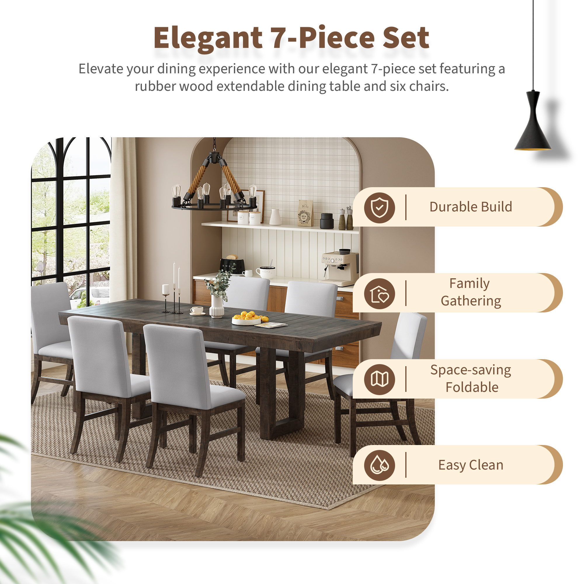 TOPMAX Traditional 7-Piece 72" Extendable Dining Table Set with 12inch Butterfly Leaf and 6 Upholstered Dining Table Set, Brown - Image 5