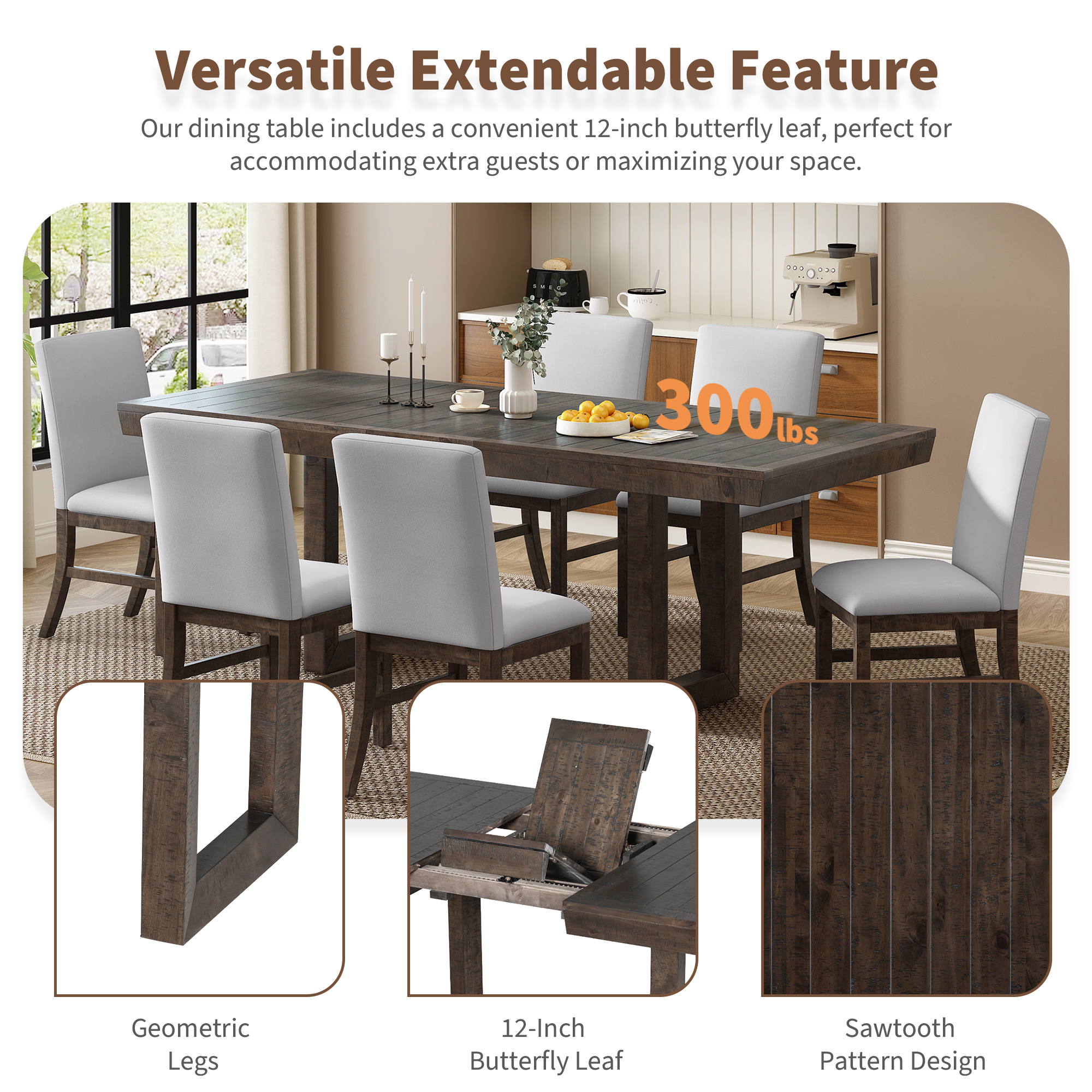 TOPMAX Traditional 7-Piece 72" Extendable Dining Table Set with 12inch Butterfly Leaf and 6 Upholstered Dining Table Set, Brown - Image 6