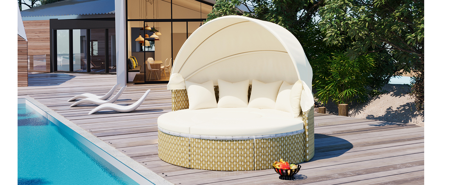 TOPMAX Patio Furniture Round Outdoor Sectional Sofa Set Rattan Daybed Two-Tone Weave Sunbed with Retractable Canopy, Separate Seating and Removable Cushion, Beige - Image 3