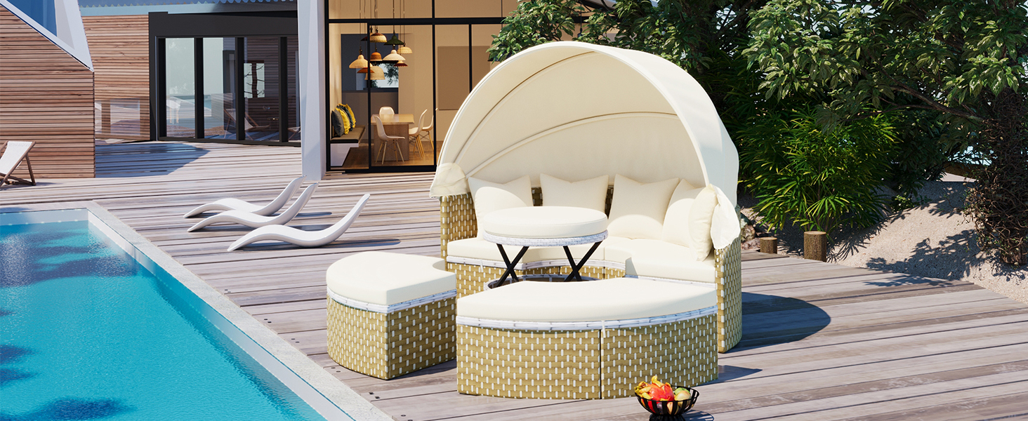 TOPMAX Patio Furniture Round Outdoor Sectional Sofa Set Rattan Daybed Two-Tone Weave Sunbed with Retractable Canopy, Separate Seating and Removable Cushion, Beige - Image 4