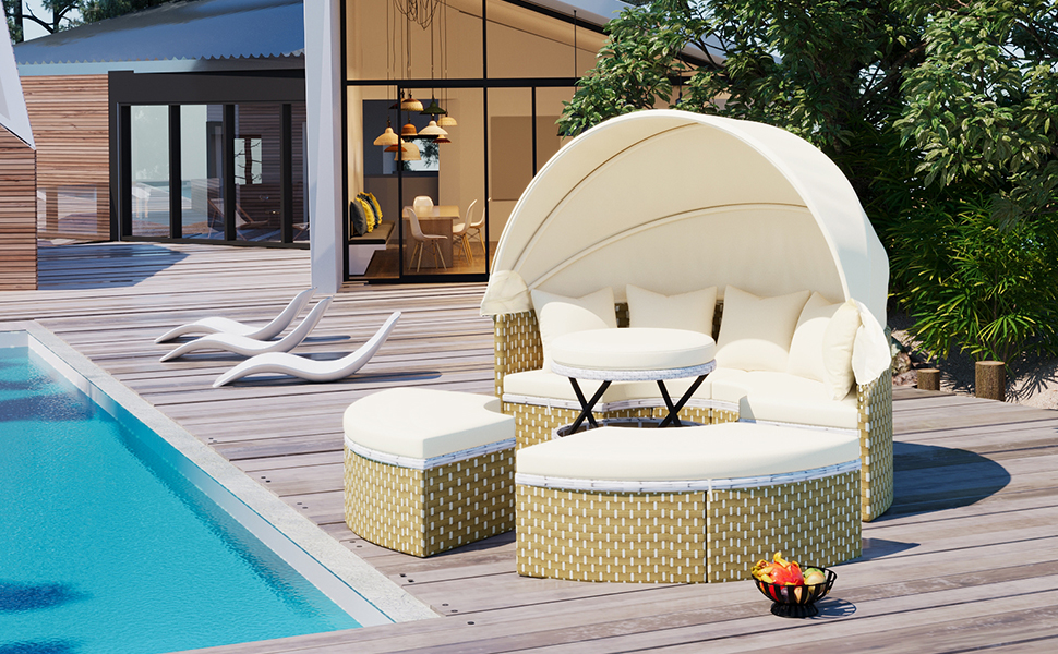 TOPMAX Patio Furniture Round Outdoor Sectional Sofa Set Rattan Daybed Two-Tone Weave Sunbed with Retractable Canopy, Separate Seating and Removable Cushion, Beige - Image 5