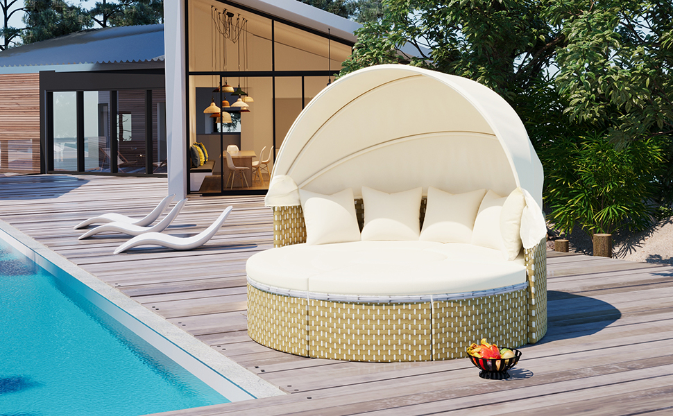 TOPMAX Patio Furniture Round Outdoor Sectional Sofa Set Rattan Daybed Two-Tone Weave Sunbed with Retractable Canopy, Separate Seating and Removable Cushion, Beige - Image 6
