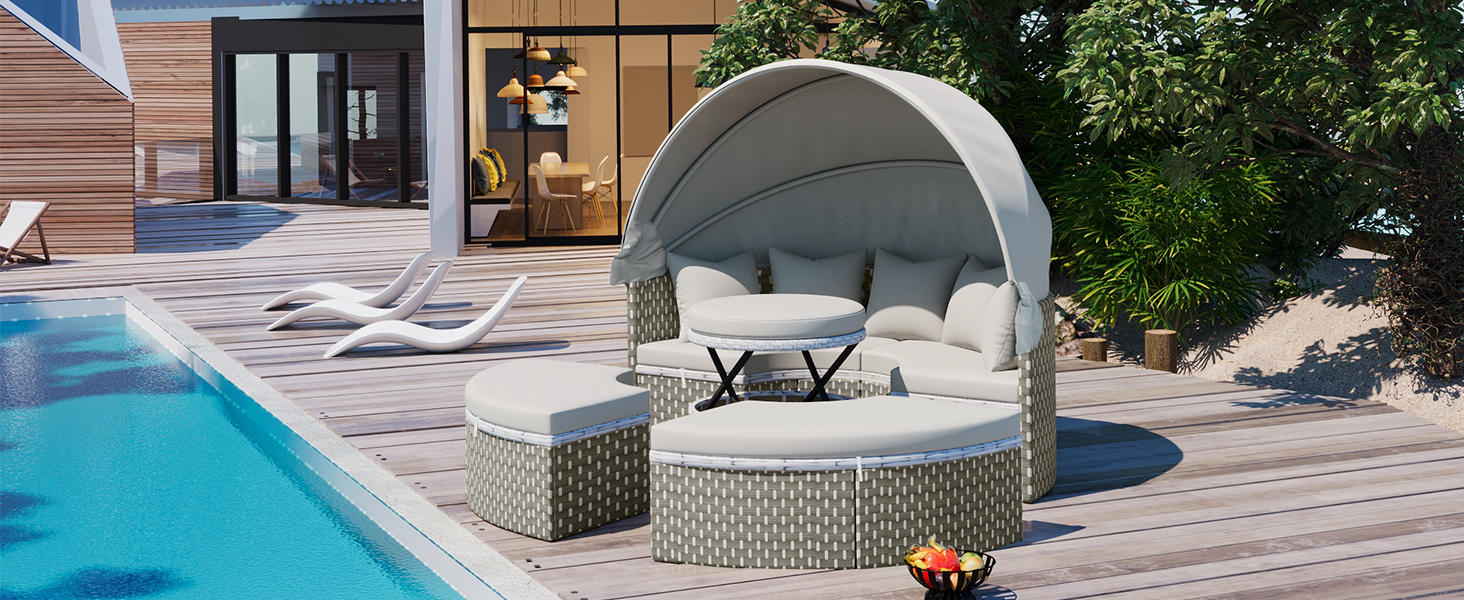 TOPMAX Patio Furniture Round Outdoor Sectional Sofa Set Rattan Daybed Two-Tone Weave Sunbed with Retractable Canopy, Separate Seating and Removable Cushion, Gray - Image 3