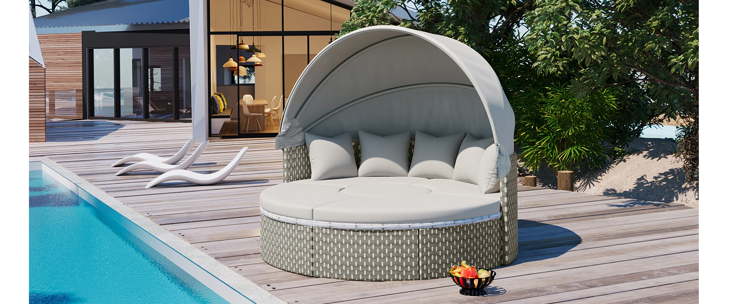 TOPMAX Patio Furniture Round Outdoor Sectional Sofa Set Rattan Daybed Two-Tone Weave Sunbed with Retractable Canopy, Separate Seating and Removable Cushion, Gray - Image 4