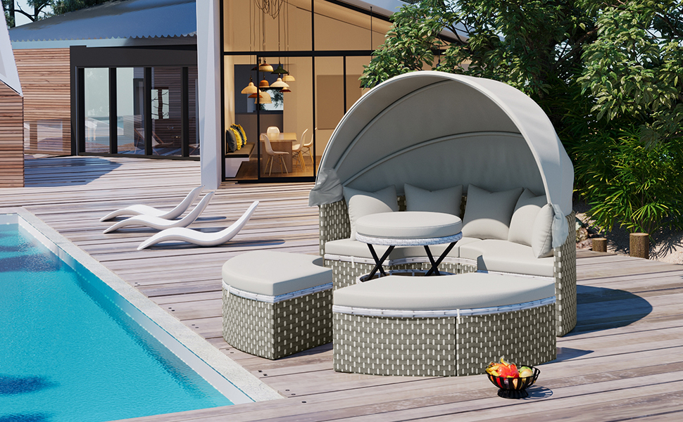TOPMAX Patio Furniture Round Outdoor Sectional Sofa Set Rattan Daybed Two-Tone Weave Sunbed with Retractable Canopy, Separate Seating and Removable Cushion, Gray - Image 5