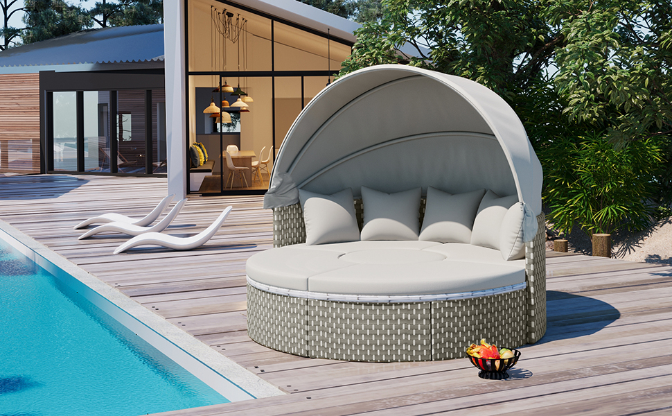 TOPMAX Patio Furniture Round Outdoor Sectional Sofa Set Rattan Daybed Two-Tone Weave Sunbed with Retractable Canopy, Separate Seating and Removable Cushion, Gray - Image 6