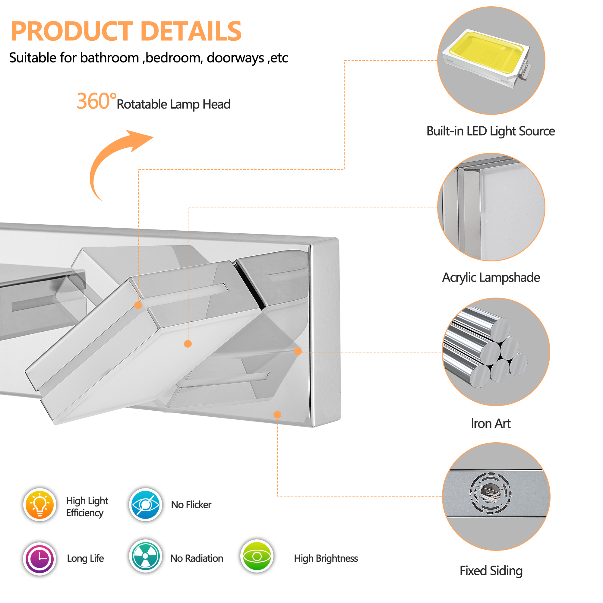 Modern Chrome LED Vanity Light, 6-Lights Wall Sconce for Bathroom and Mirror, Sleek Minimalist Design, Energy-Efficient, Easy to Install - Image 6