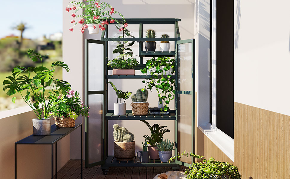 TOPMAX 62inch Height Wood Large Greenhouse Balcony Portable Cold Frame with Wheels and Adjustable Shelves for Outdoor Indoor Use, Forest Green - Image 2