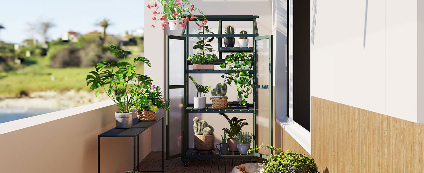 TOPMAX 62inch Height Wood Large Greenhouse Balcony Portable Cold Frame with Wheels and Adjustable Shelves for Outdoor Indoor Use, Forest Green - Image 3