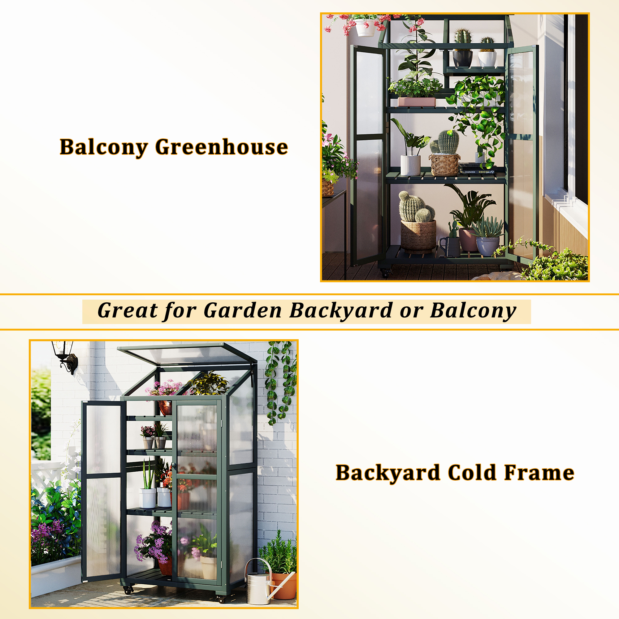 TOPMAX 62inch Height Wood Large Greenhouse Balcony Portable Cold Frame with Wheels and Adjustable Shelves for Outdoor Indoor Use, Forest Green - Image 4