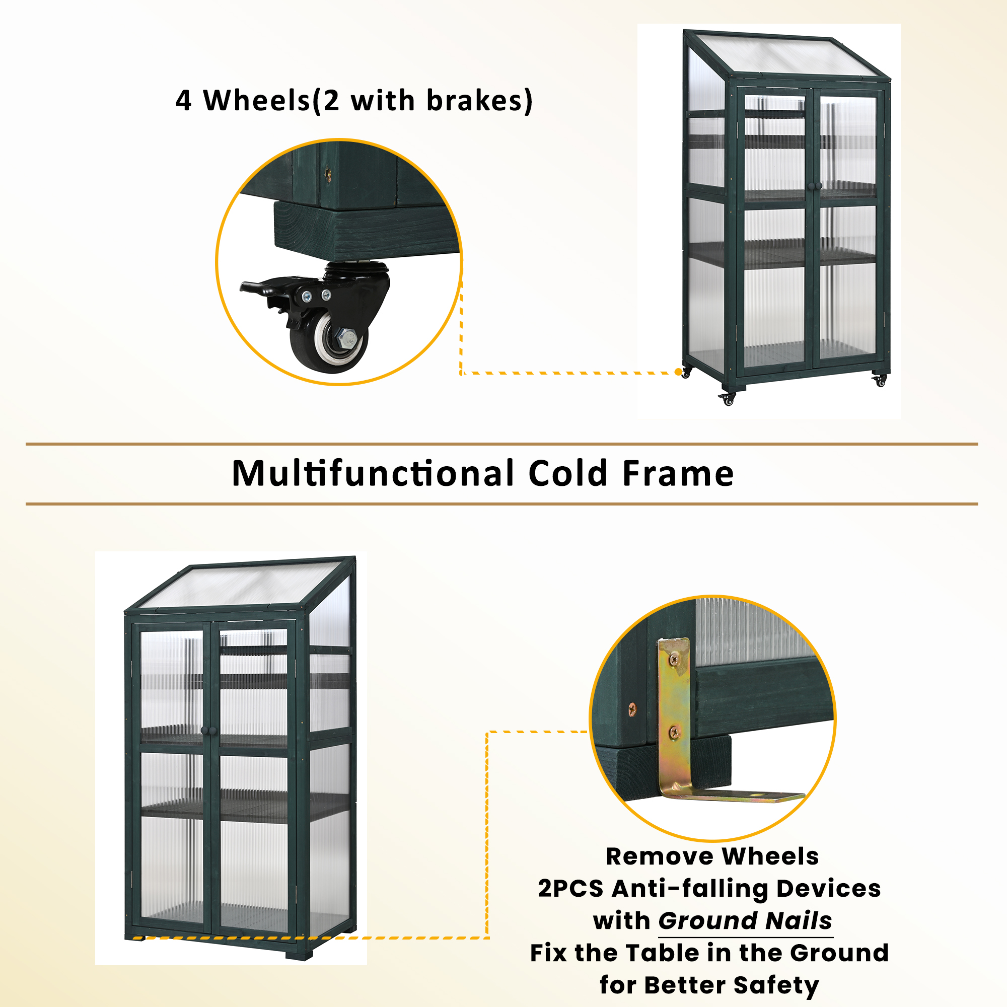TOPMAX 62inch Height Wood Large Greenhouse Balcony Portable Cold Frame with Wheels and Adjustable Shelves for Outdoor Indoor Use, Forest Green - Image 5