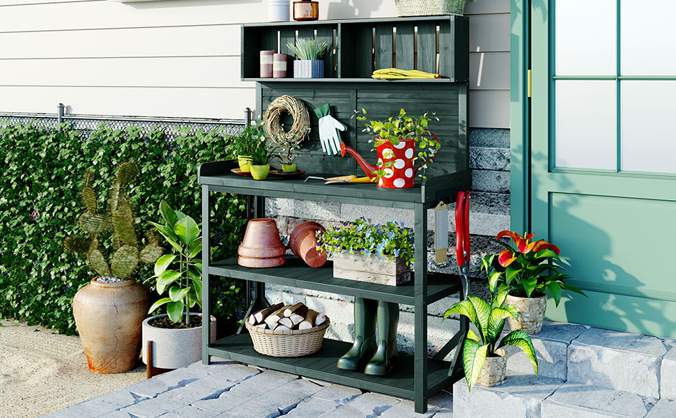 TOPMAX 65" Large Wooden Farmhouse Rustic Outdoor Potting Bench Table, Patio Workstation, Garden Potting Bench with 4 Storage Shelves and Side Hook, Forest Green - Image 2