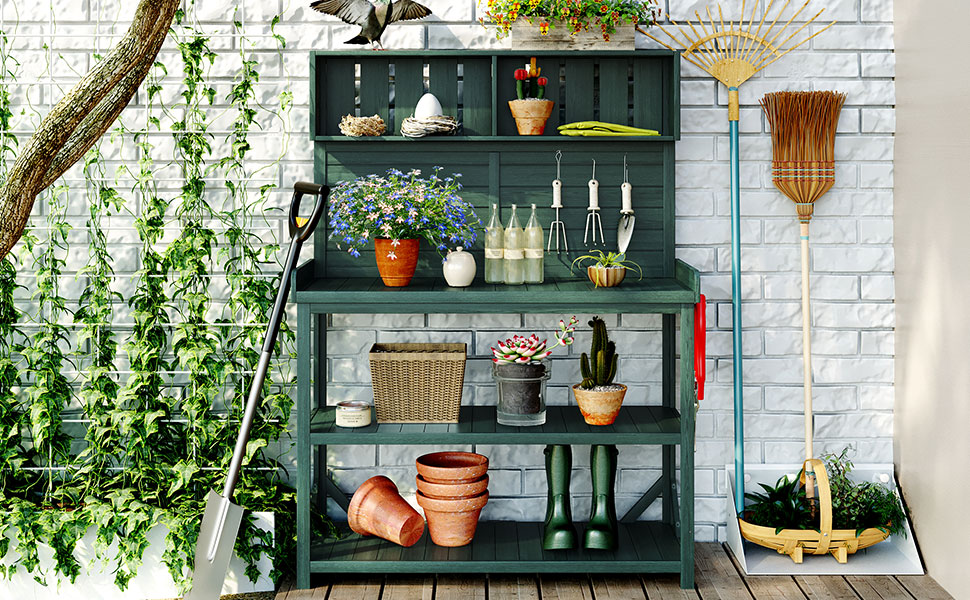 TOPMAX 65" Large Wooden Farmhouse Rustic Outdoor Potting Bench Table, Patio Workstation, Garden Potting Bench with 4 Storage Shelves and Side Hook, Forest Green - Image 3