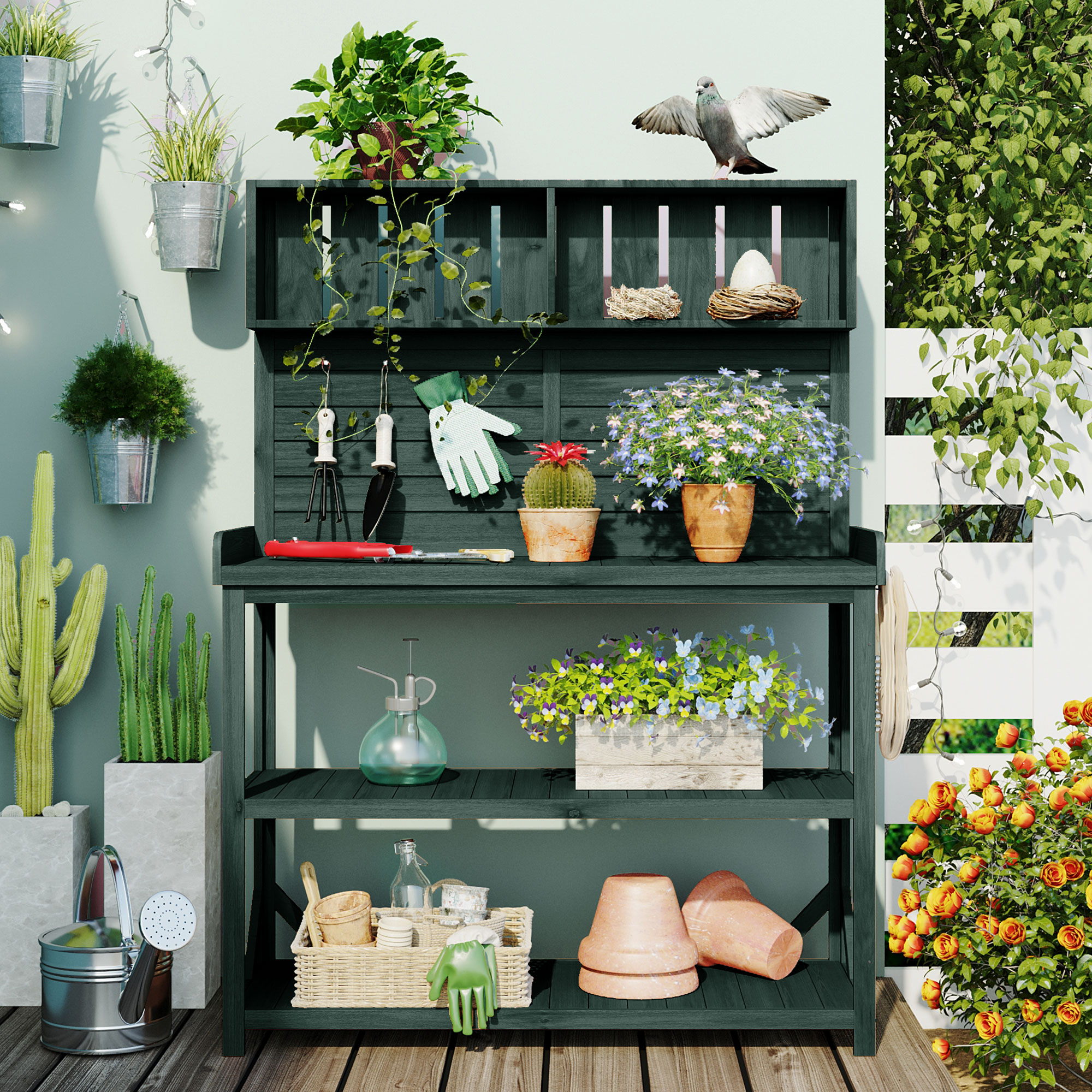 TOPMAX 65" Large Wooden Farmhouse Rustic Outdoor Potting Bench Table, Patio Workstation, Garden Potting Bench with 4 Storage Shelves and Side Hook, Forest Green - Image 4