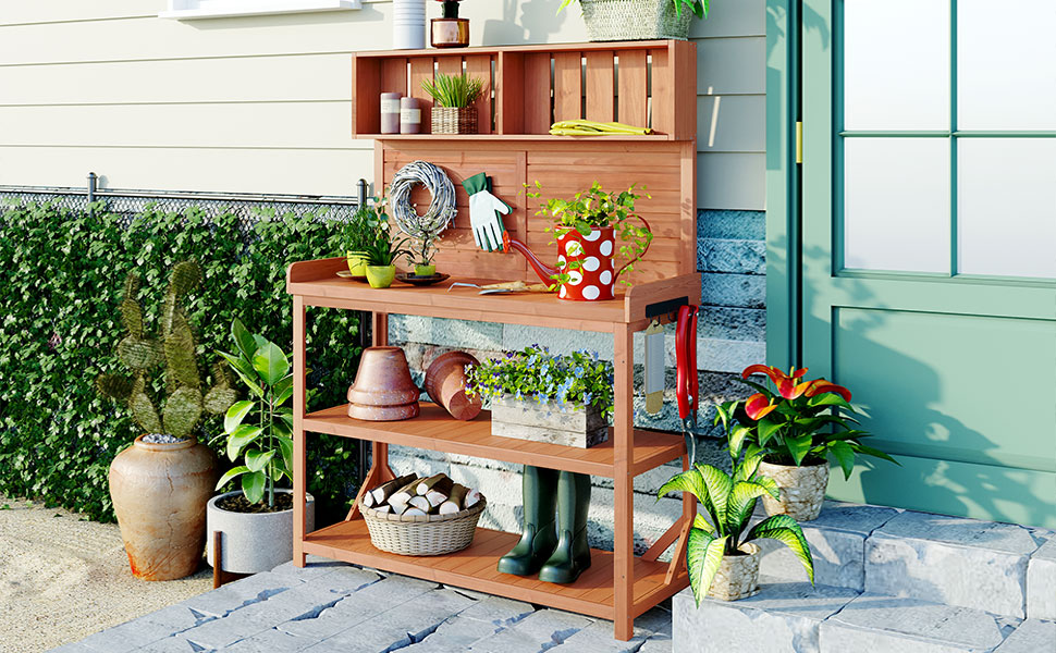 TOPMAX 65" Large Wooden Farmhouse Rustic Outdoor Potting Bench Table, Patio Workstation, Garden Potting Bench with 4 Storage Shelves and Side Hook,Natural - Image 2