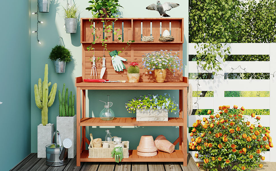 TOPMAX 65" Large Wooden Farmhouse Rustic Outdoor Potting Bench Table, Patio Workstation, Garden Potting Bench with 4 Storage Shelves and Side Hook,Natural - Image 3