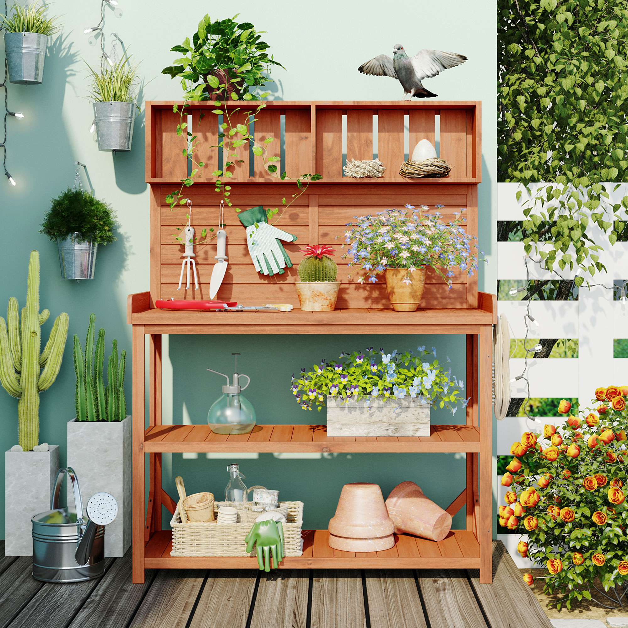 TOPMAX 65" Large Wooden Farmhouse Rustic Outdoor Potting Bench Table, Patio Workstation, Garden Potting Bench with 4 Storage Shelves and Side Hook,Natural - Image 4