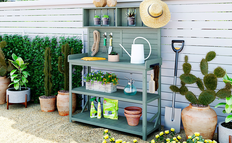 TOPMAX 65" Large Wooden Farmhouse Rustic Outdoor Potting Bench Table, Patio Workstation, Garden Potting Bench with 4 Storage Shelves and Side Hook,Green - Image 2