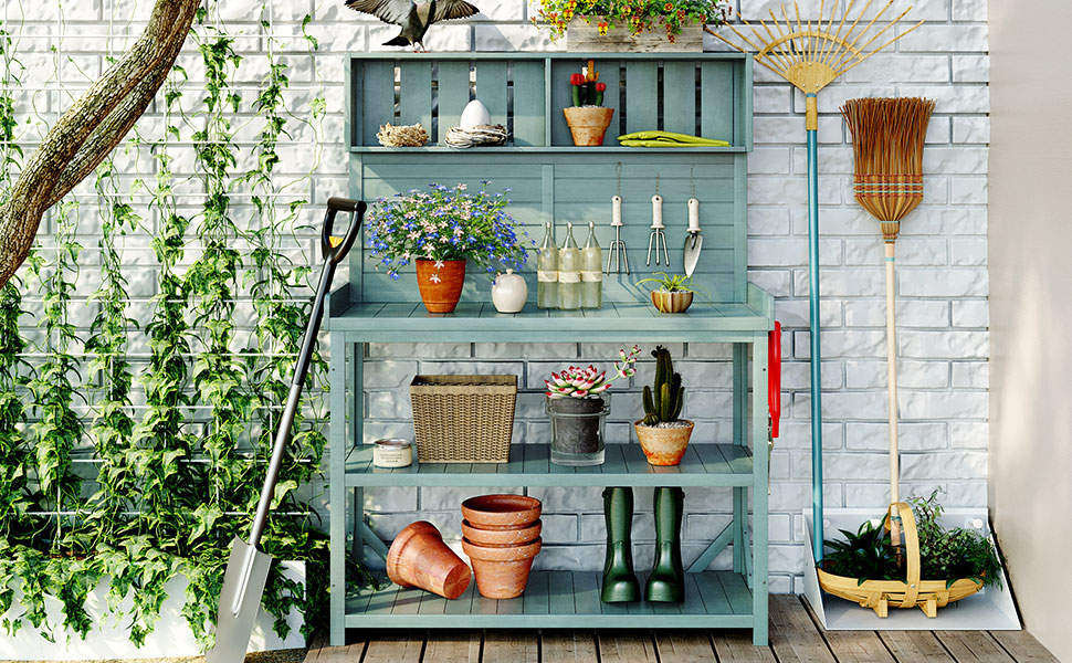 TOPMAX 65" Large Wooden Farmhouse Rustic Outdoor Potting Bench Table, Patio Workstation, Garden Potting Bench with 4 Storage Shelves and Side Hook,Green - Image 3