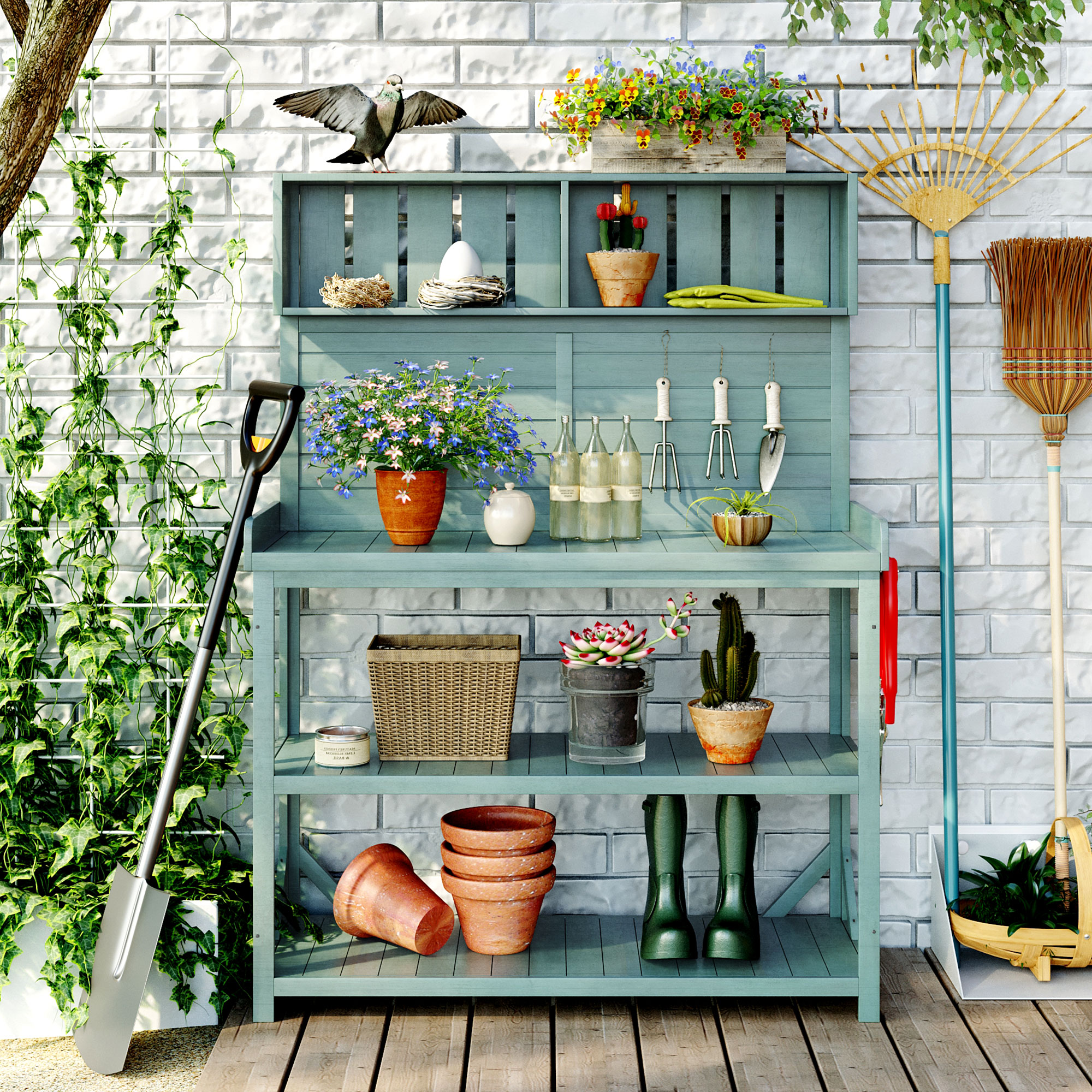 TOPMAX 65" Large Wooden Farmhouse Rustic Outdoor Potting Bench Table, Patio Workstation, Garden Potting Bench with 4 Storage Shelves and Side Hook,Green - Image 4