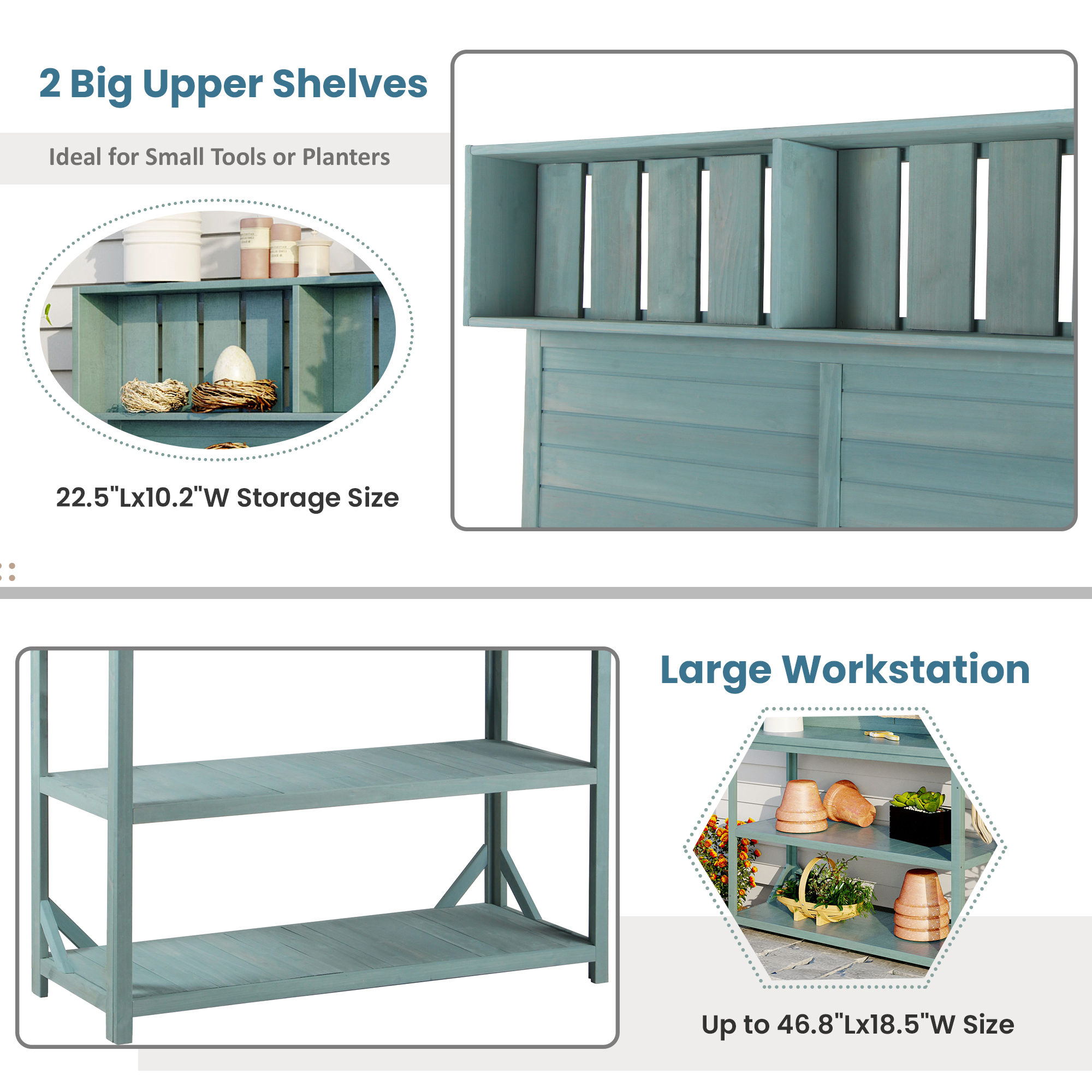 TOPMAX 65" Large Wooden Farmhouse Rustic Outdoor Potting Bench Table, Patio Workstation, Garden Potting Bench with 4 Storage Shelves and Side Hook,Green - Image 5