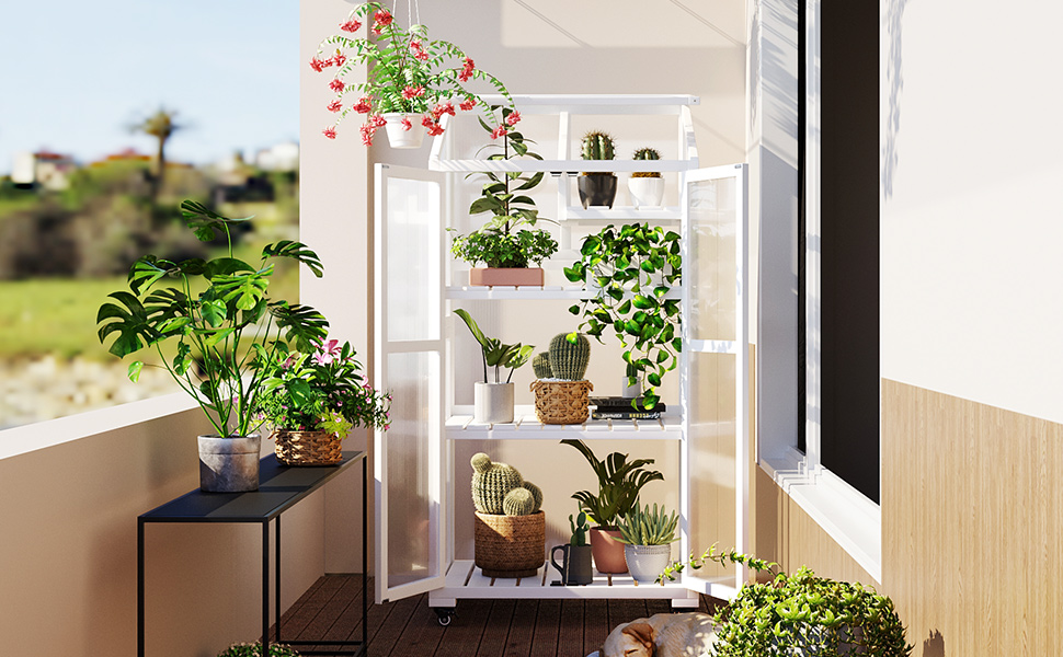 TOPMAX 62inch Height Wood Large Greenhouse Balcony Portable Cold Frame with Wheels and Adjustable Shelves for Outdoor Indoor Use, White - Image 2