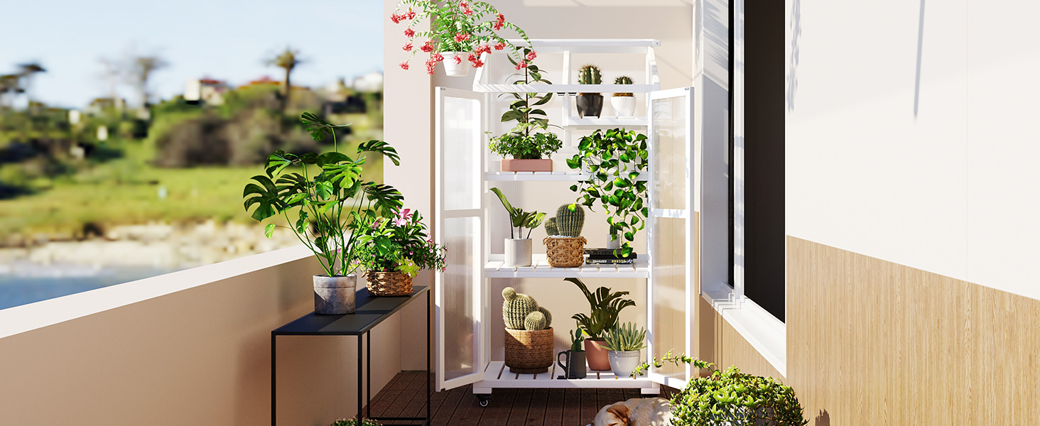 TOPMAX 62inch Height Wood Large Greenhouse Balcony Portable Cold Frame with Wheels and Adjustable Shelves for Outdoor Indoor Use, White - Image 3