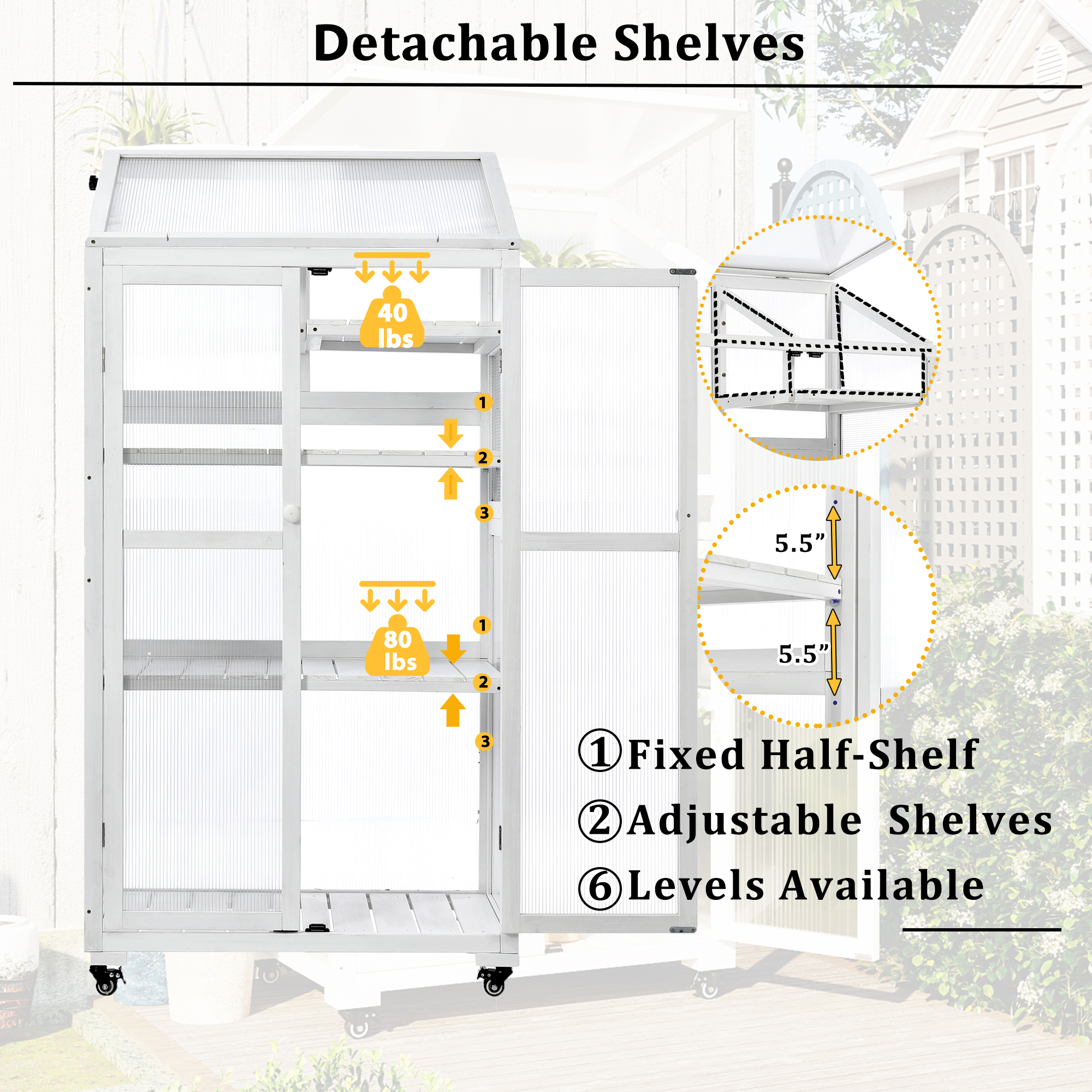 TOPMAX 62inch Height Wood Large Greenhouse Balcony Portable Cold Frame with Wheels and Adjustable Shelves for Outdoor Indoor Use, White - Image 5