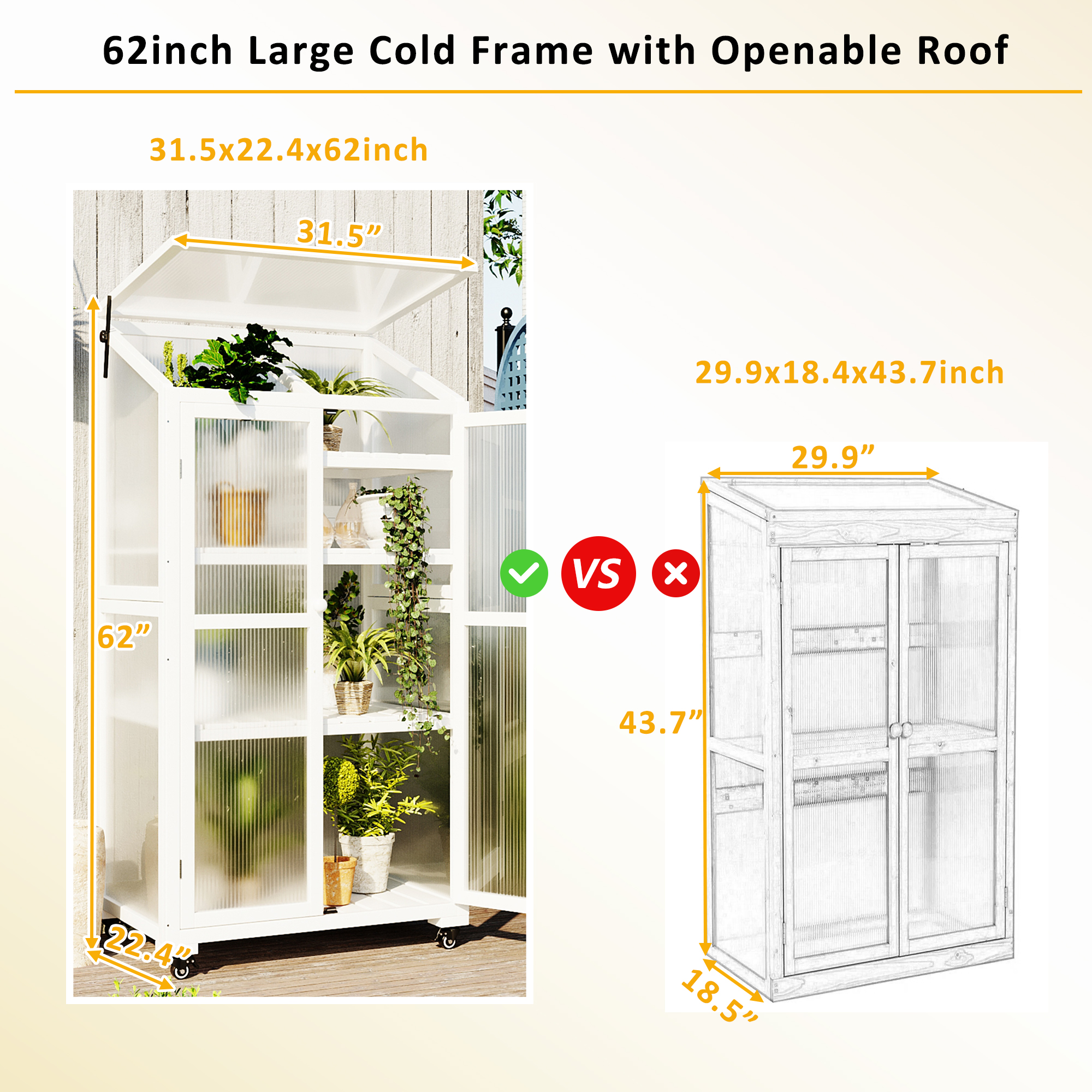 TOPMAX 62inch Height Wood Large Greenhouse Balcony Portable Cold Frame with Wheels and Adjustable Shelves for Outdoor Indoor Use, White - Image 6