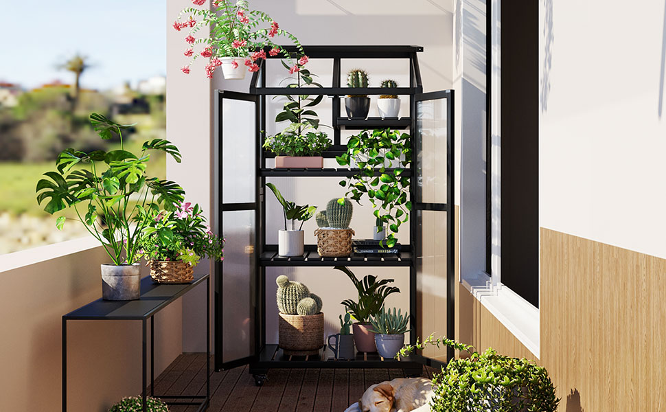 TOPMAX 62inch Height Wood Large Greenhouse Balcony Portable Cold Frame with Wheels and Adjustable Shelves for Outdoor Indoor Use, Black - Image 2