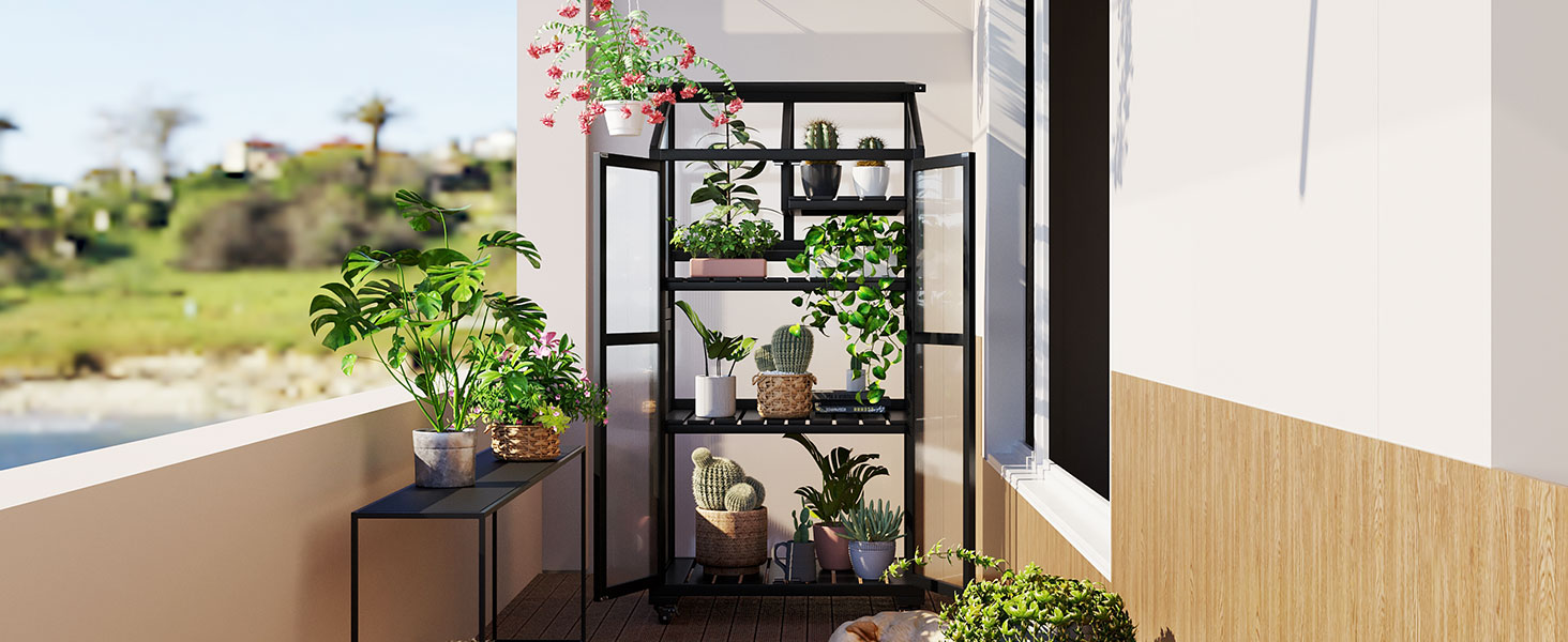 TOPMAX 62inch Height Wood Large Greenhouse Balcony Portable Cold Frame with Wheels and Adjustable Shelves for Outdoor Indoor Use, Black - Image 3