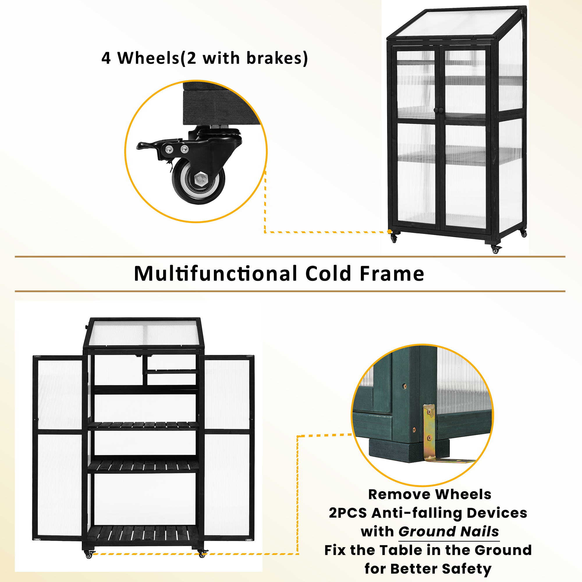 TOPMAX 62inch Height Wood Large Greenhouse Balcony Portable Cold Frame with Wheels and Adjustable Shelves for Outdoor Indoor Use, Black - Image 4