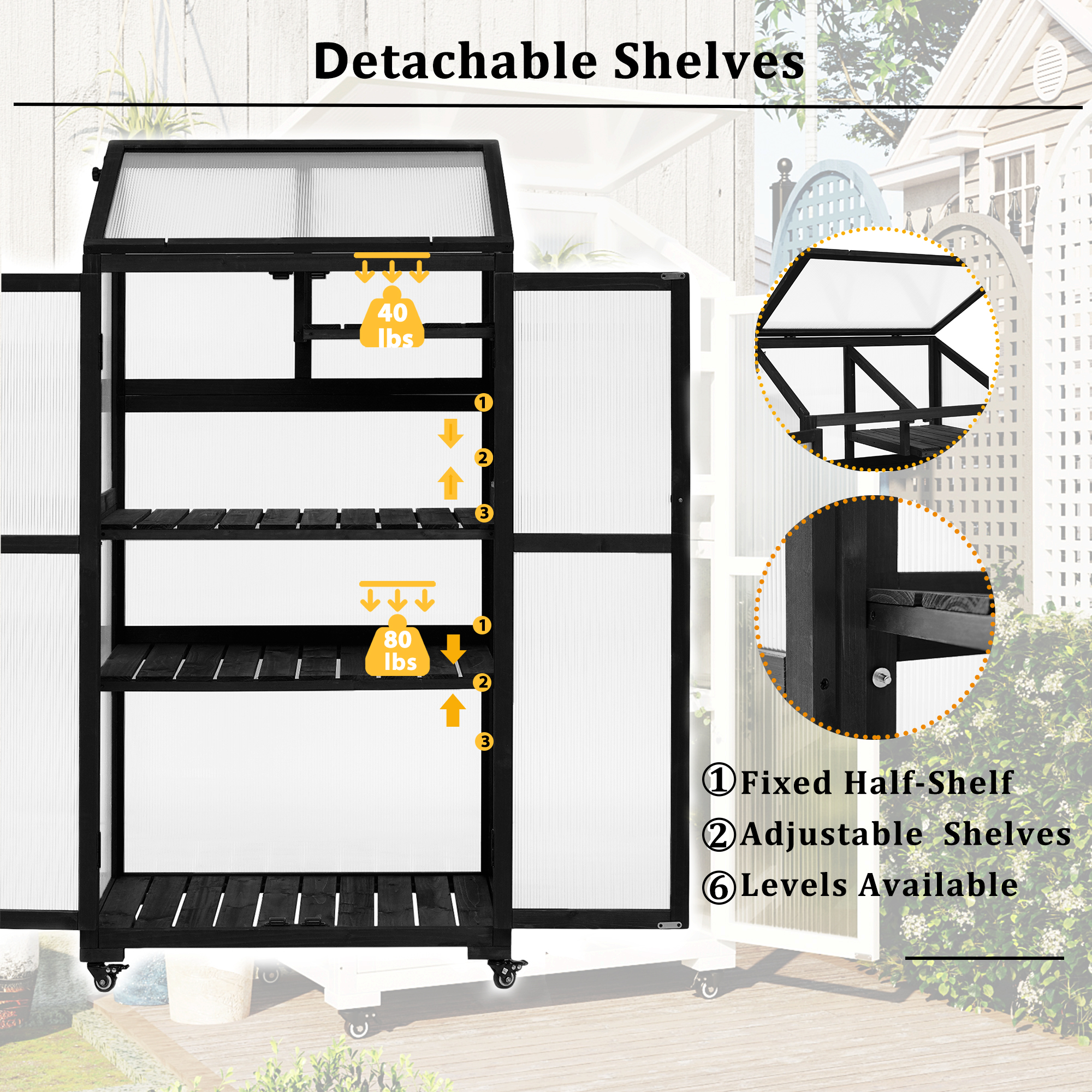 TOPMAX 62inch Height Wood Large Greenhouse Balcony Portable Cold Frame with Wheels and Adjustable Shelves for Outdoor Indoor Use, Black - Image 5
