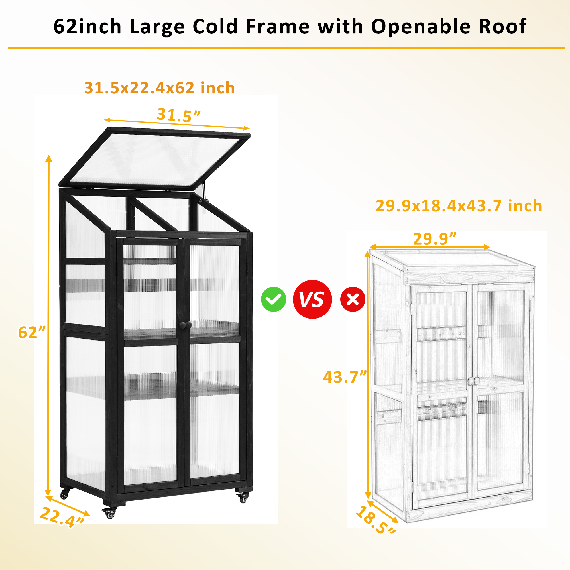 TOPMAX 62inch Height Wood Large Greenhouse Balcony Portable Cold Frame with Wheels and Adjustable Shelves for Outdoor Indoor Use, Black - Image 6