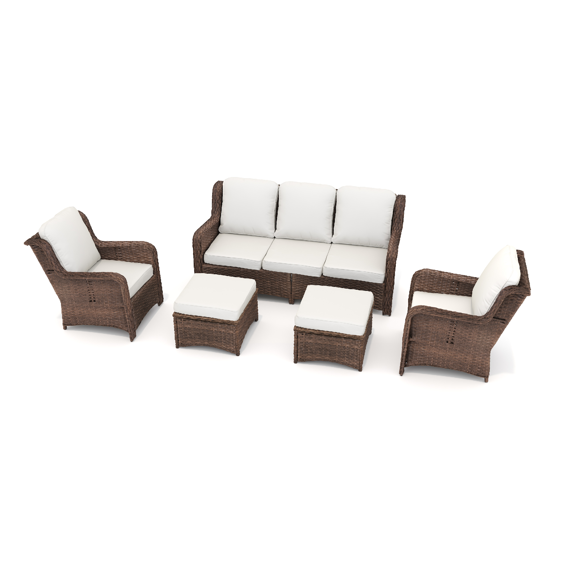 Patio Furniture Set Rattan Outdoor Sectional Conversation Sets 3-Seat Outdoor Couch,2 Single Chair and 2 Ottoman for Lawn, Balcony, Garden, Backyard (Bron-Off White, Set of 5) - Image 2