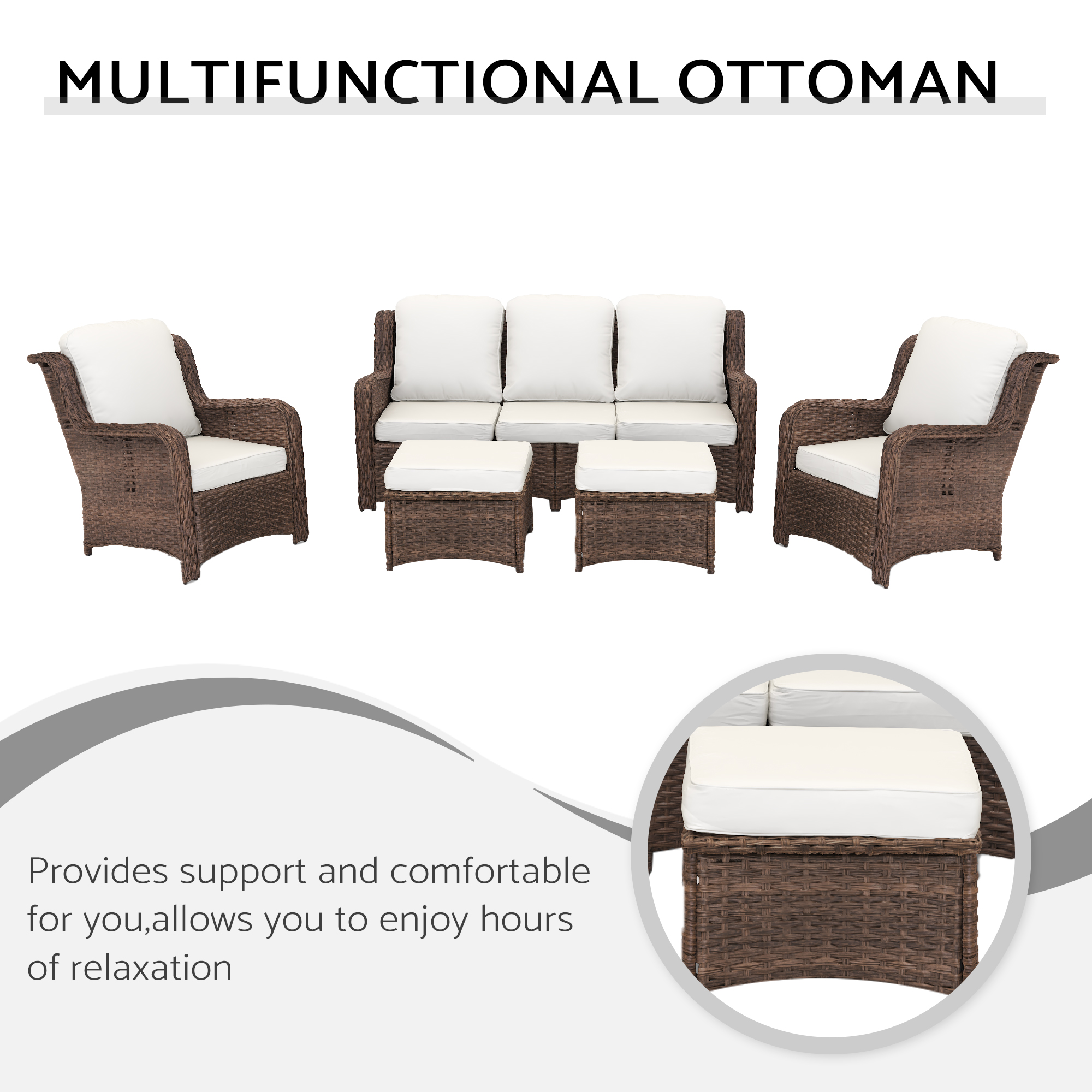 Patio Furniture Set Rattan Outdoor Sectional Conversation Sets 3-Seat Outdoor Couch,2 Single Chair and 2 Ottoman for Lawn, Balcony, Garden, Backyard (Bron-Off White, Set of 5) - Image 5