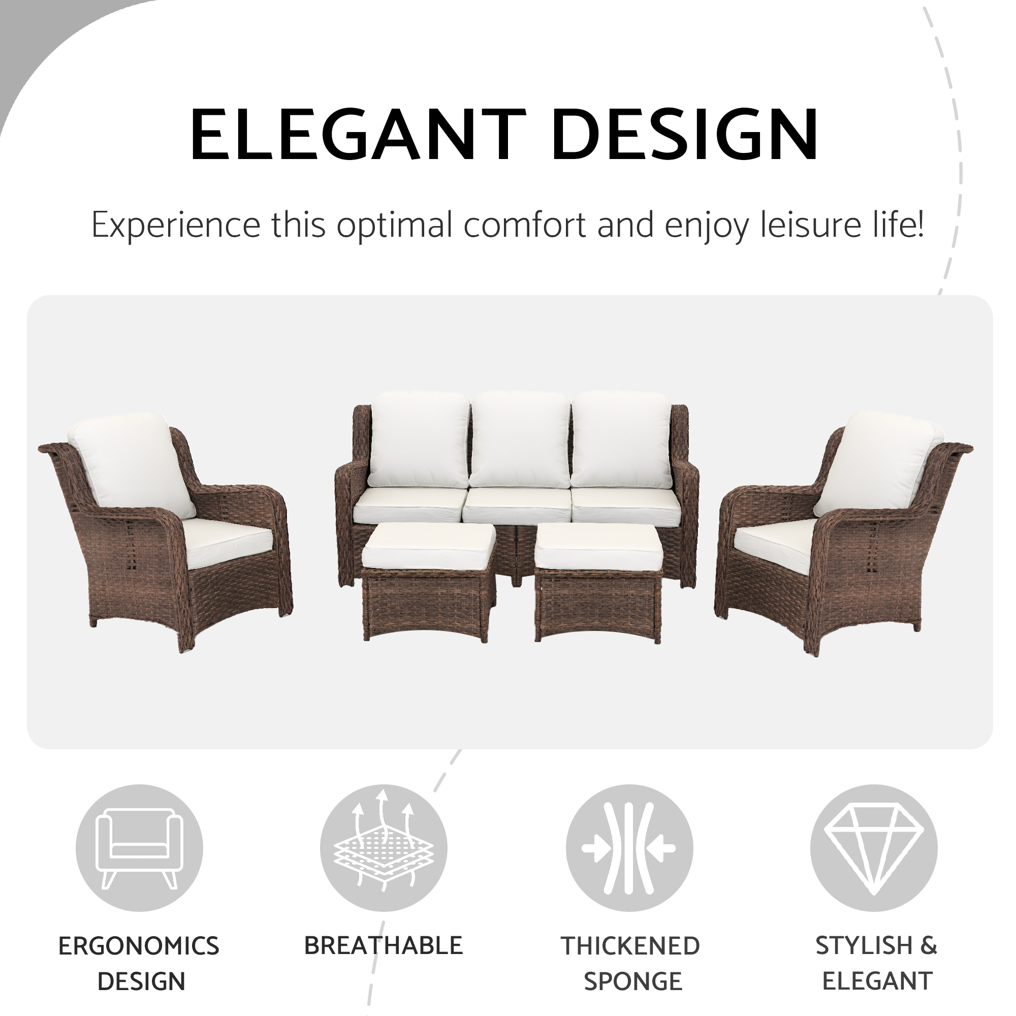 Patio Furniture Set Rattan Outdoor Sectional Conversation Sets 3-Seat Outdoor Couch,2 Single Chair and 2 Ottoman for Lawn, Balcony, Garden, Backyard (Bron-Off White, Set of 5) - Image 6