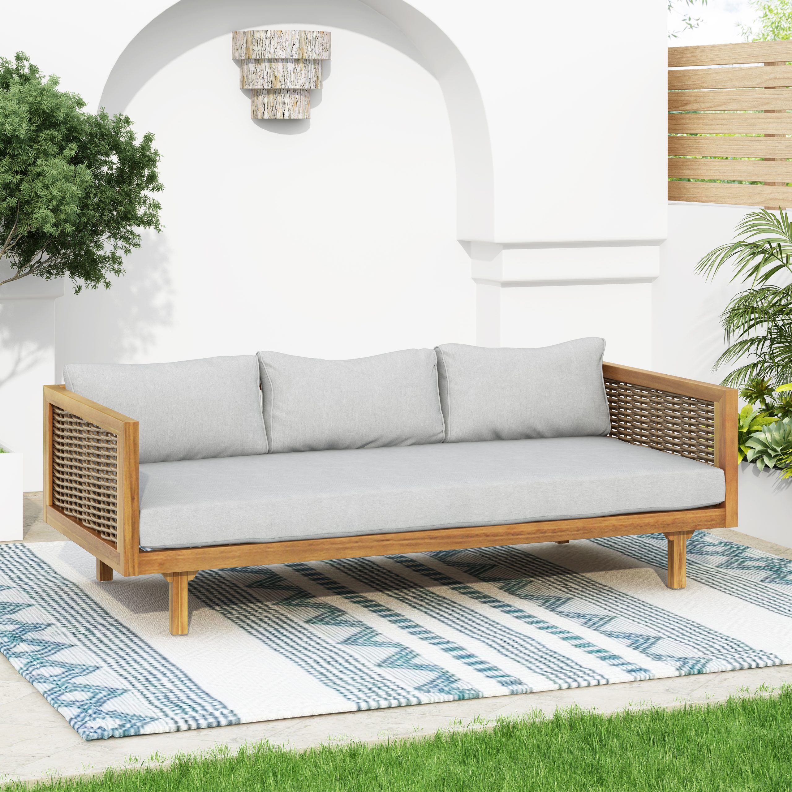 CLAREMONT 3 SEATER DAYBED WITH RATTAN ARMS (LIGHT GREY CUSHION) - Image 2