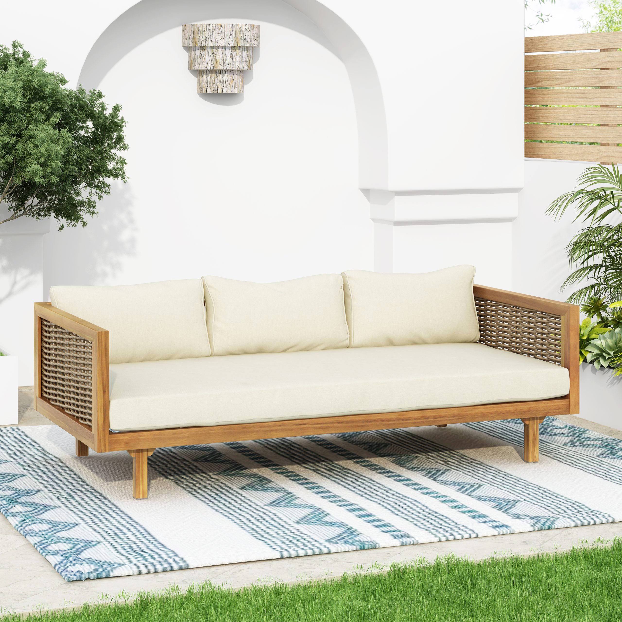 CLAREMONT 3 SEATER DAYBED WITH RATTAN ARMS (BEIGE CUSHION) - Image 2