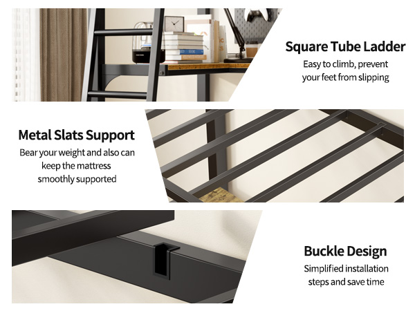 Twin Metal Loft Bed with L-Shaped Desk, Charging Station Loft Bed Frame Twin Size, Safety Guard & Ladder, No Box Spring Needed, Black - Image 2