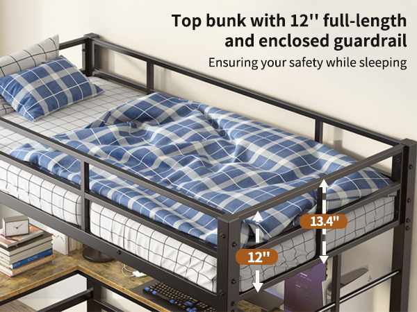 Twin Metal Loft Bed with L-Shaped Desk, Charging Station Loft Bed Frame Twin Size, Safety Guard & Ladder, No Box Spring Needed, Black - Image 4