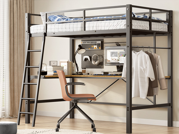 Twin Metal Loft Bed with L-Shaped Desk, Charging Station Loft Bed Frame Twin Size, Safety Guard & Ladder, No Box Spring Needed, Black - Image 5