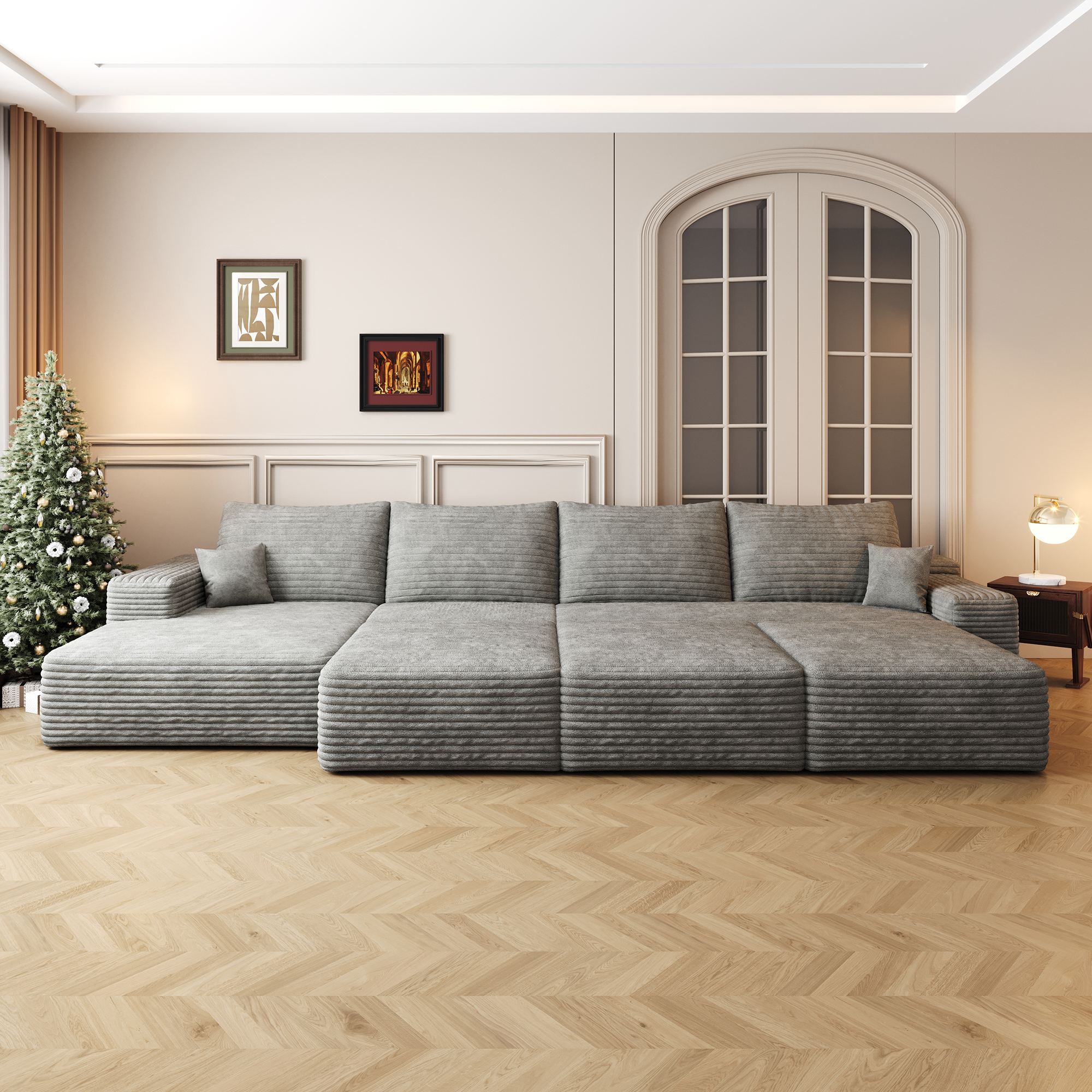 135"Large size modular cloud sofa 6 seats down sofa bed apartment living room sofa ,No Assembly Required,Grey(Plush Corduroy Fabric) - Image 2